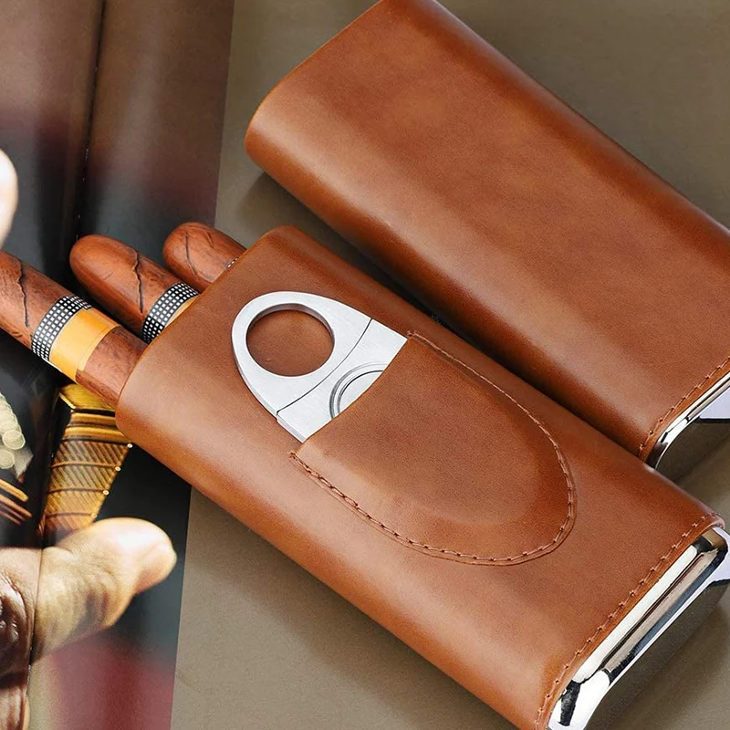 High Quality 3-Finger Humidors Portable Cigar Box Brown Leather Case With Cutter