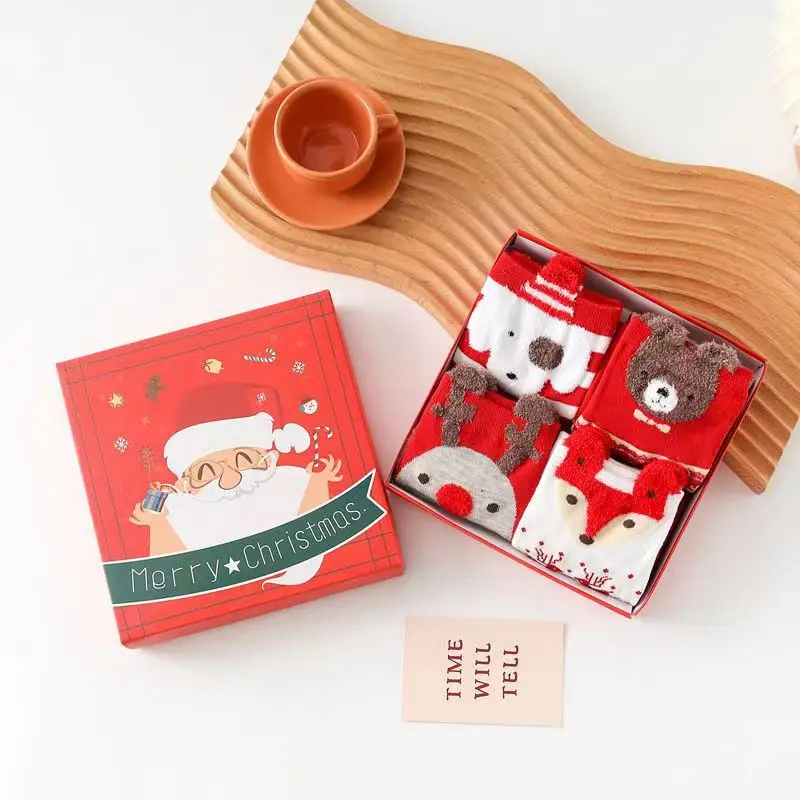 Wholesale holiday Gift custom packing novelty socks 4 pairs in box women men adult winter Santa cotton knit crew christmas socks
