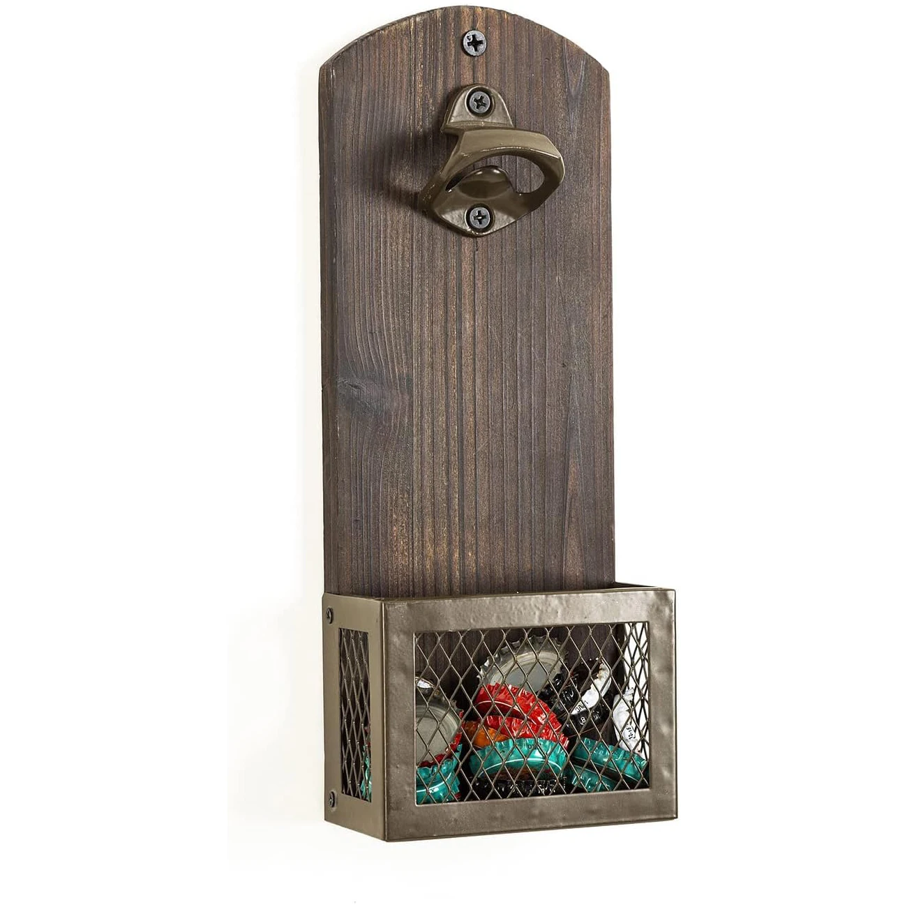 Vintage Wooden Wall Mounted Bottle Opener for Home Kitchen Bar Coffee Shop Corkscrew & Can Opener Tool Cap Catcher Beer Bottles