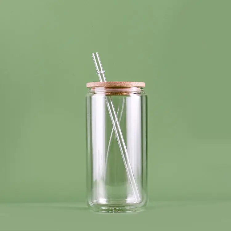 USA WAREHOUSE 16oz 20oz double wall glass snow globe snowglobe   tumbler with bamboo lid and straw