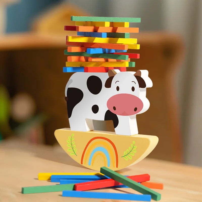 wooden balance game Farm cow Stacking Animals balance beam toy with  colorful sticks for baby and child over 3 years