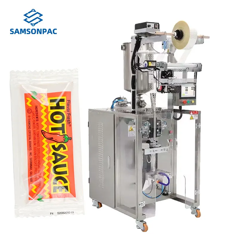 Automatic Small Scale Mixer 100Ml Stirring Paste Red Tomato Extra Hot Chilli Sauce Packing Machine With Shrinkable Label