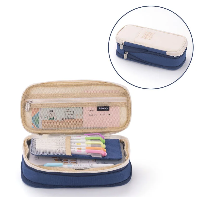 Hotsale Large-Capacity Primary School Students Solid Color Pencil Case 2 Zipper Stationery Box Pen with Box for Girls Boys