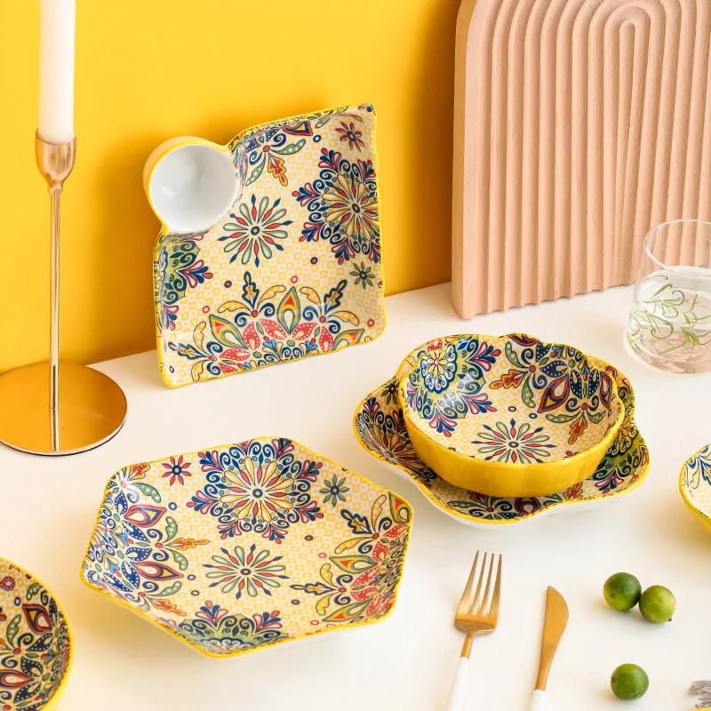 Wholesale Luxury porcelain dinnerware set floral yellow Pattern Ceramic mug saucer dish Tableware for Dinning