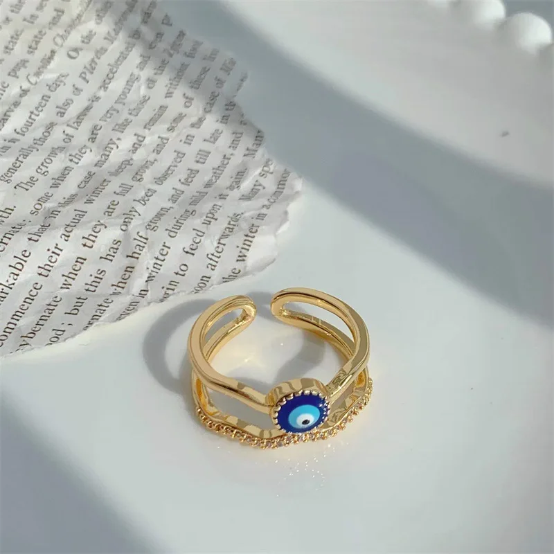 New Design Turkish Blue Eye Finger Ring Jewelry Open Adjustable Dainty Oil Drop 18K Gold Plated Evil Eyes Rings Women