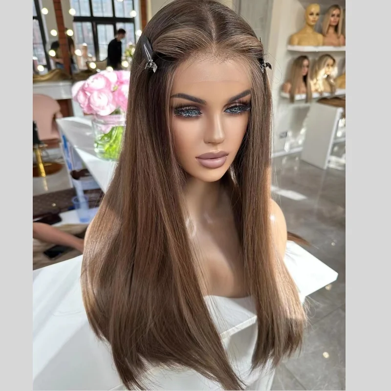 Deals Brown Balayage Straight Human Hair Wigs Unprocessed European Cuticle Aligned Hair Highlight Brown Lace Front Wigs