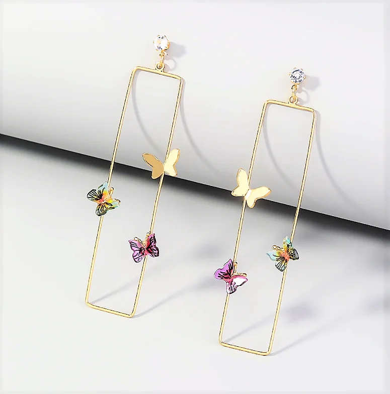 New product hot sale metal temperament long geometric shape multicolor butterfly earrings fashionable wild