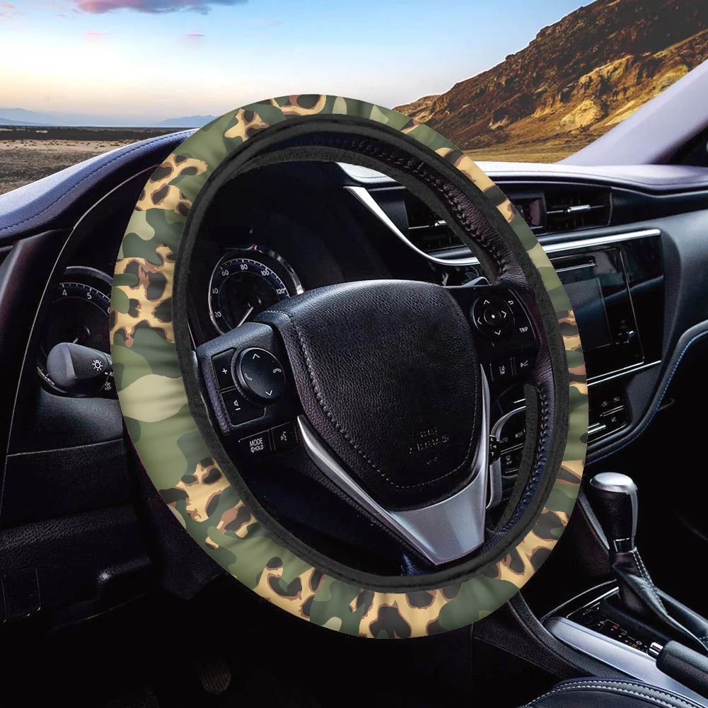 Drop Shipping Green Camouflage With Brown Leopard Print Custom 3D Print Car Steering Wheel Covers Universal Steering Wheel Cover