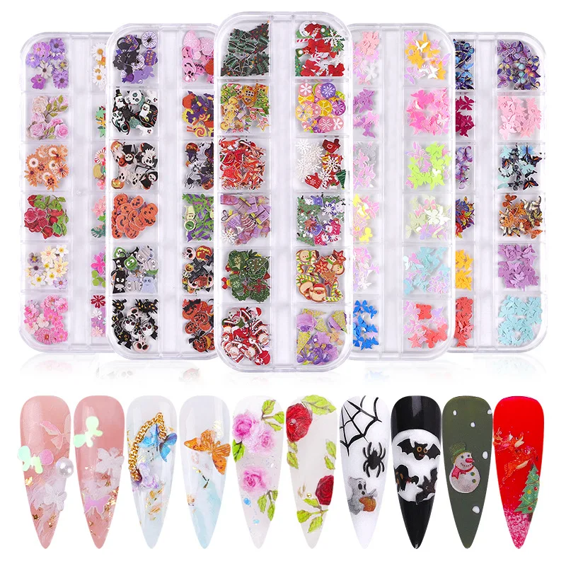 Nail art wood pulp chip Christmas color flower butterfly set Halloween nail decoration 12 box mix