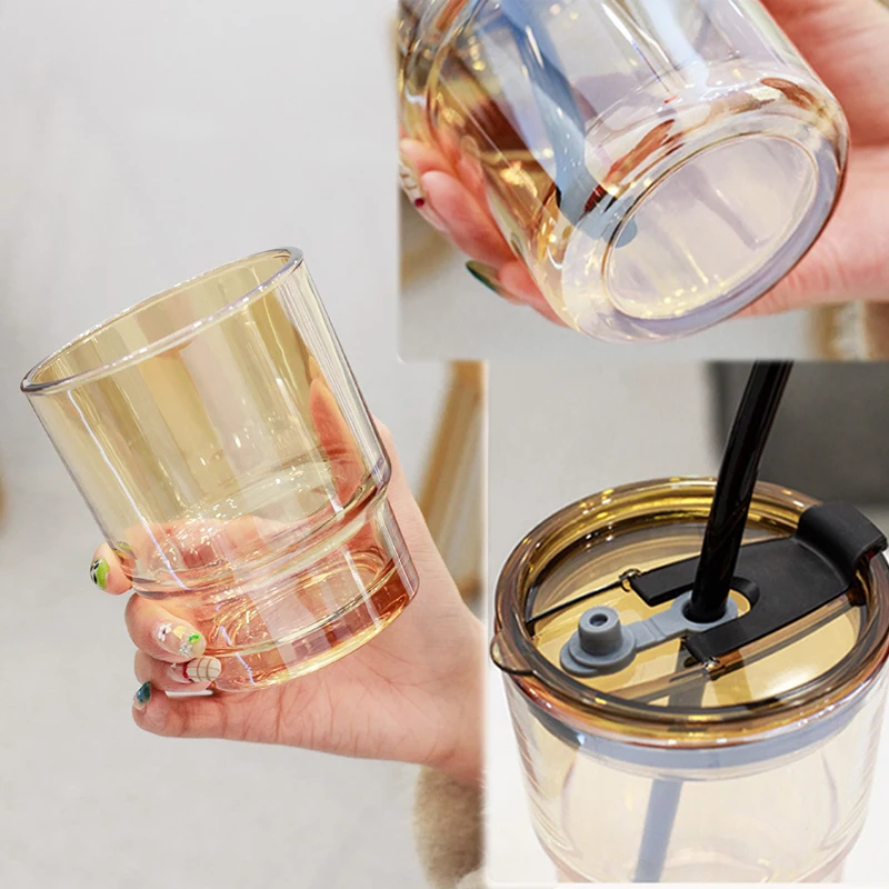 wholesale 420ml  transparent bamboo festival glass  iced coffee milk cup  with straw and lid  office water bottle for presents