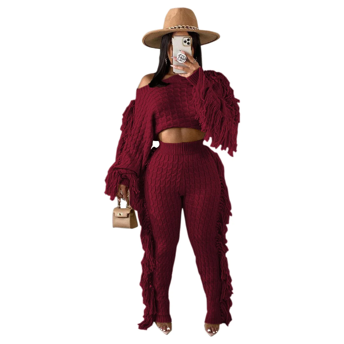 2022 New Arrivals Fashion Women Casual Long Sleeve Crop Slim Pants 2 Piece Set Side Tassel Knitted Suit