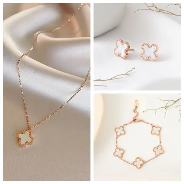 Fashion stainless steel jewelry set Necklace earrings bracelet four-leaf clover jewelry set