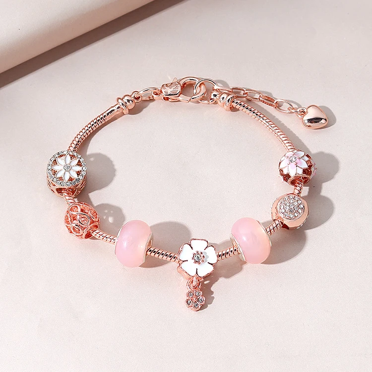 Wholesale Drop oil Flower Charm Bracelet Rose Gold Rhinestone Crystal Flower Heart Charm Bracelet for Women