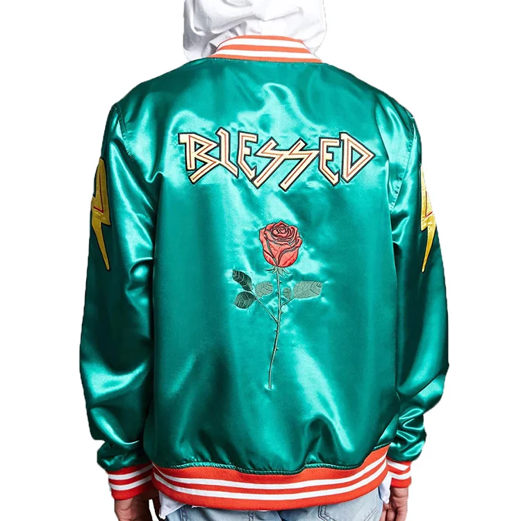 2021 Latest Style Jaket Winter Men Custom Satin Letter Rose Embroidered  Baseball Jacket