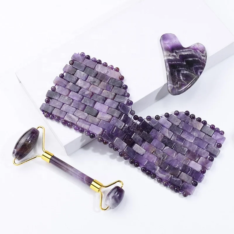 Natural Amethyst Jade Eye Mask Facial Roller Gua Sha Stone Board Gouache Scraper Sleep Eye Curtain Massage Relaxation Beauty Set