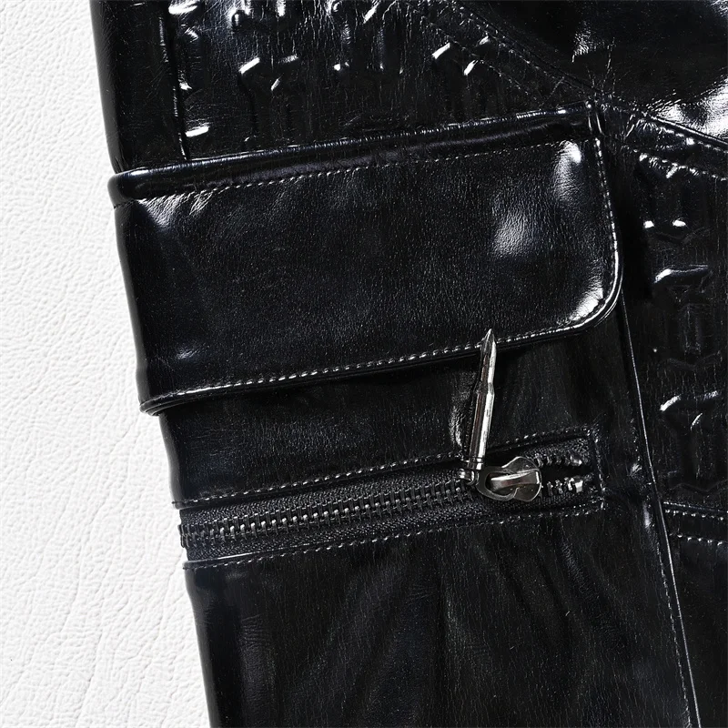 Pu Faux Leather Button Cargo Pants Bullet Zipper Custom  Color  Y2K Streetwear Leather Pants For Men