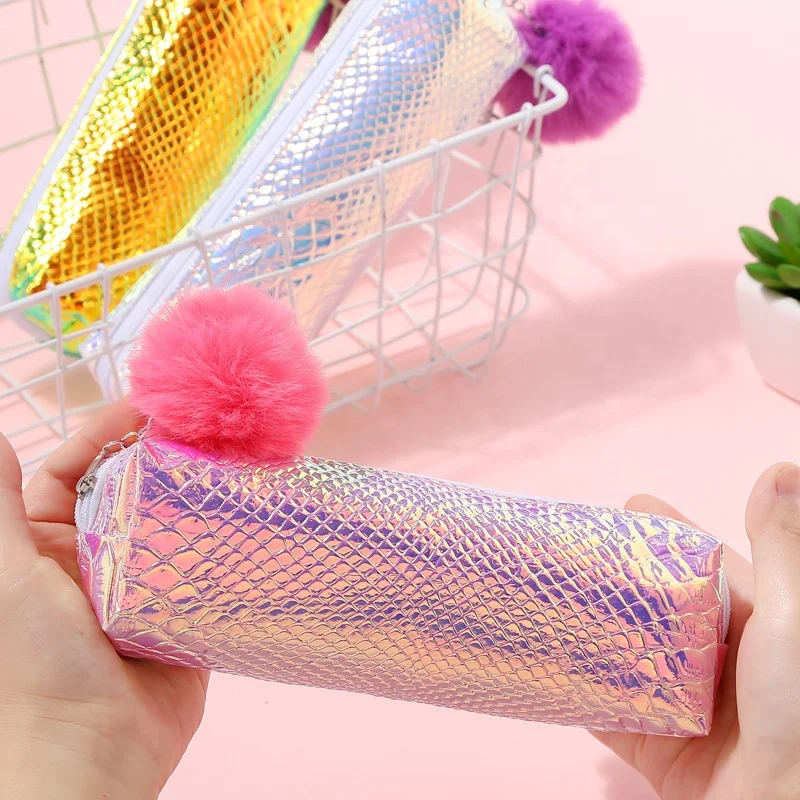 
Holographic Laser PU Leather pencil case wholesale custom laser PVC pouch bag for girl 