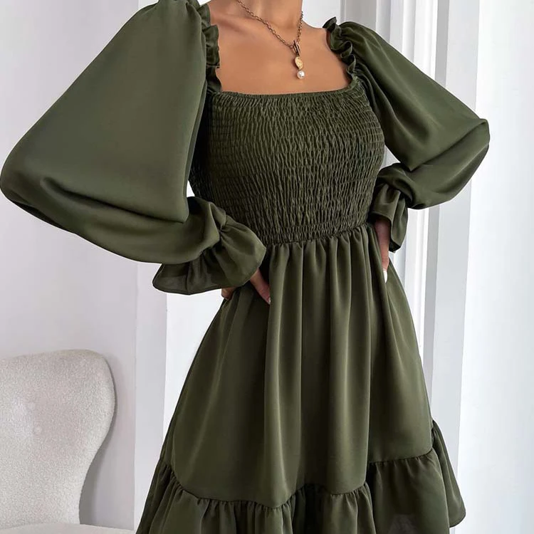 Women Summer Square Neck Shirred Bodice Flounce Sleeve Ruffle Hem Casual Dresses