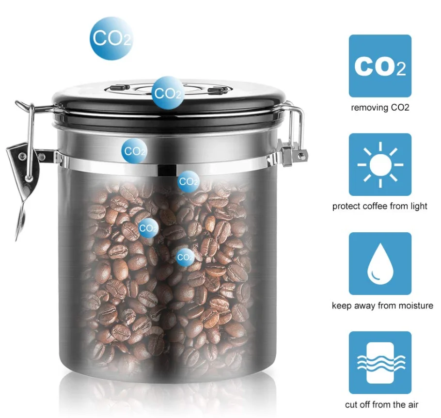 Stainless Steel Airtight Coffee Canister with Built-in CO2 Valve and Scoop and Date Tracking Wheel Gun Metal Color