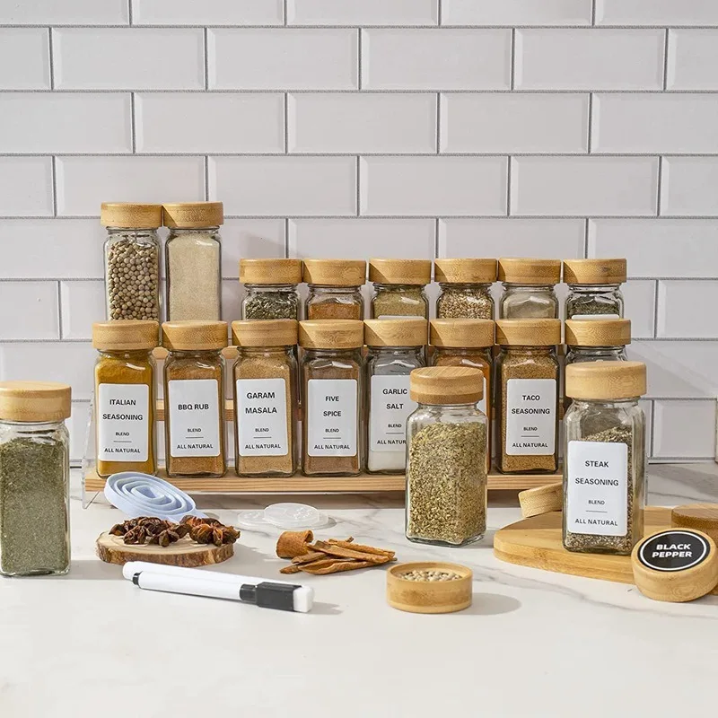 MOFITOS 12/24 Piece Set Bamboo Screw Lids Canisters Square Seasoning Bottle Funnel Labels Transparent Airtight Spice Glass Jars