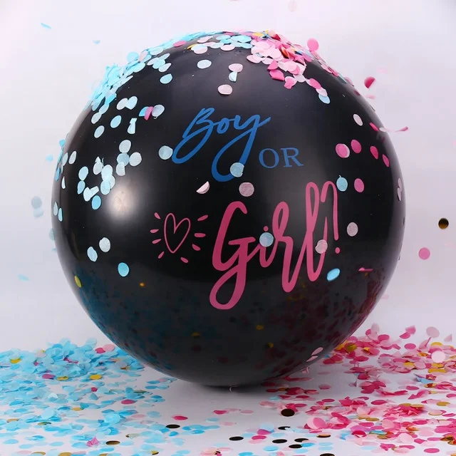 Gender Reveal Party Supplies Set with Pink and Blue Confetti Packs for Boy or Girl 36 inch Large Black Balloon