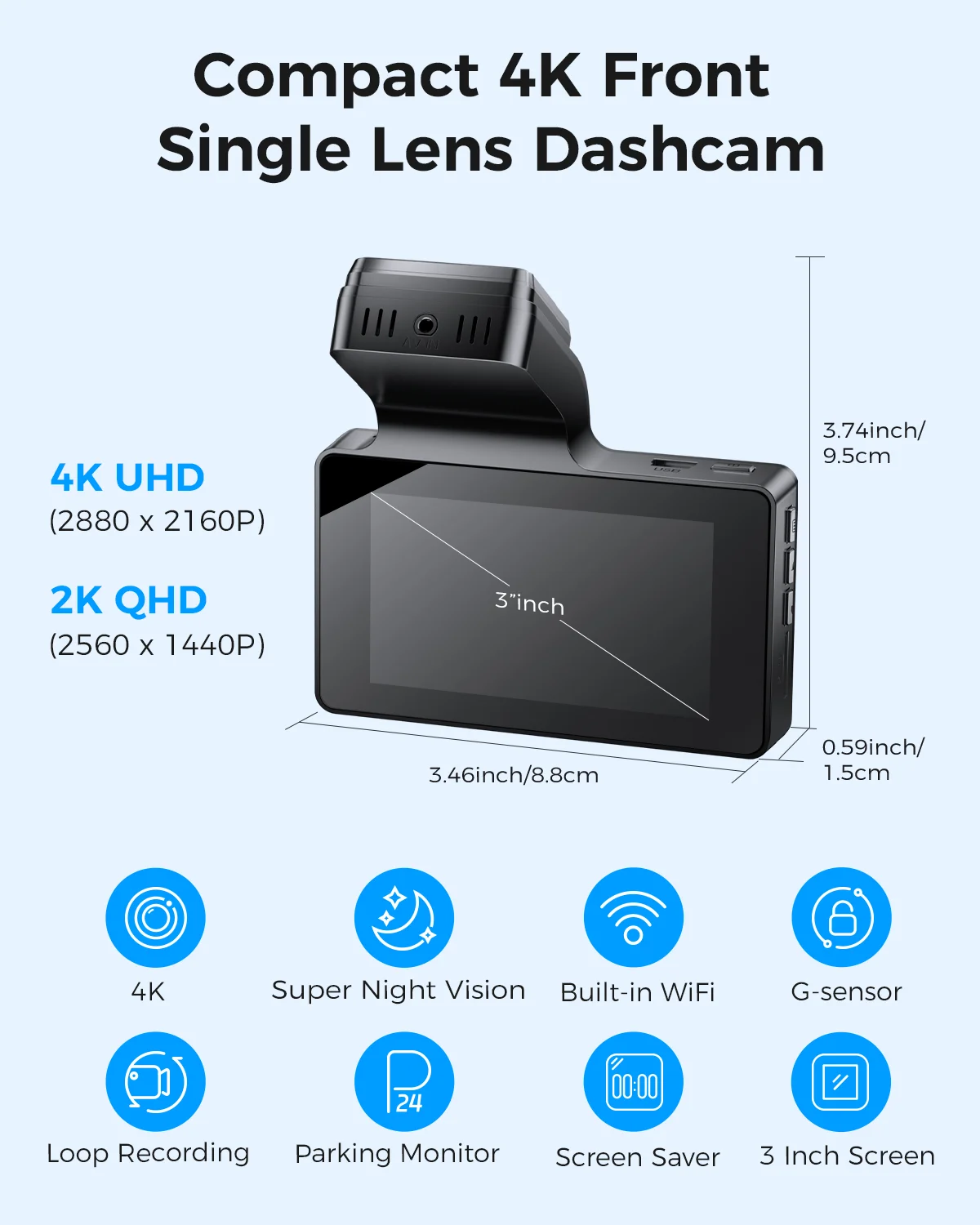 AZDOME M63 Lite 4K Dash Cam 3 inchEs LCD Screen GPS Wifi Super Capacitor Support G-Sensor Dashcam Car Black Box Recording