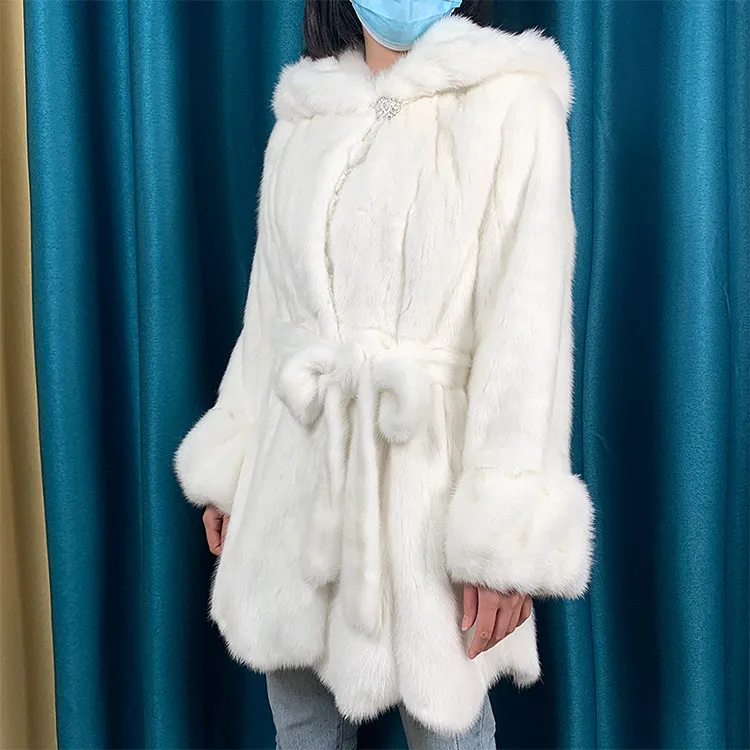 Women Big Hood Winter Real Mink Fur Coat Warm Soft Vintage Clothes Plus Size Scallop Hem Jacket Genuine Natural Fur Mink Coats