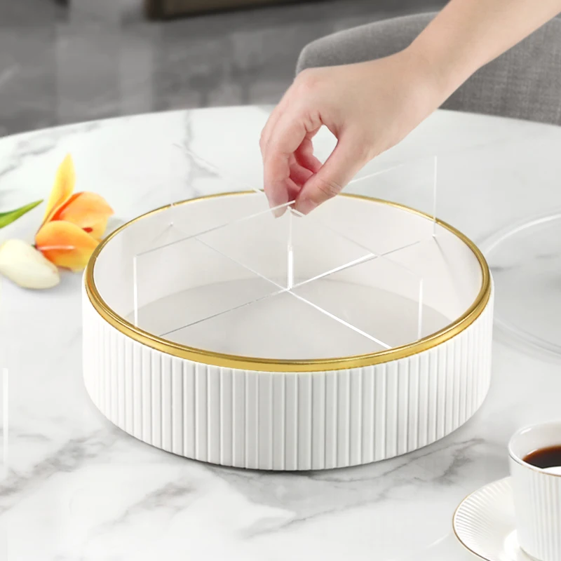 Round divider snack box with lid Luxury leather multi-layer divider snack tray with handles snack transparent storage box
