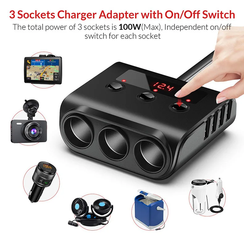 100w High-power 1 Drag 3 Cigarette Lighter Ports 4-port Usb Multi Socket Car Charger With On Off Switch