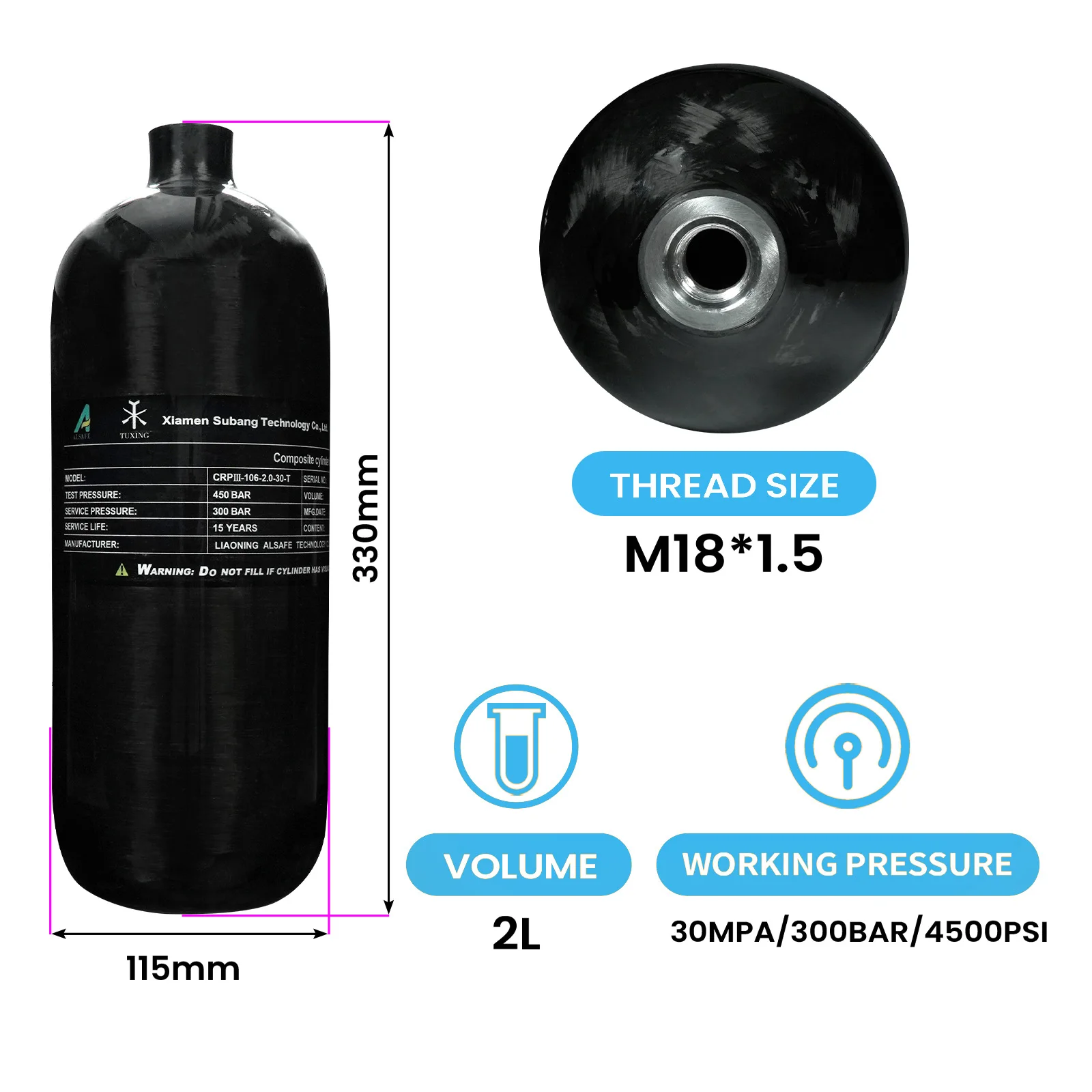 GP 2L ODM High Pressure 30mpa 300bar Gas Cylinder PCP Paintball Game M18*1.5 Straight Thread Bottle Mouth Carbon Fiber Air Tank