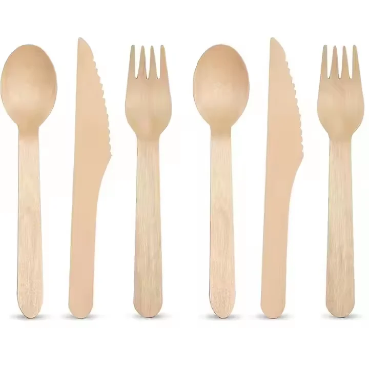 Wooden Cutlery Set Custom 160mm Size Includes Spoon Fork Knife in Bulk Packaging