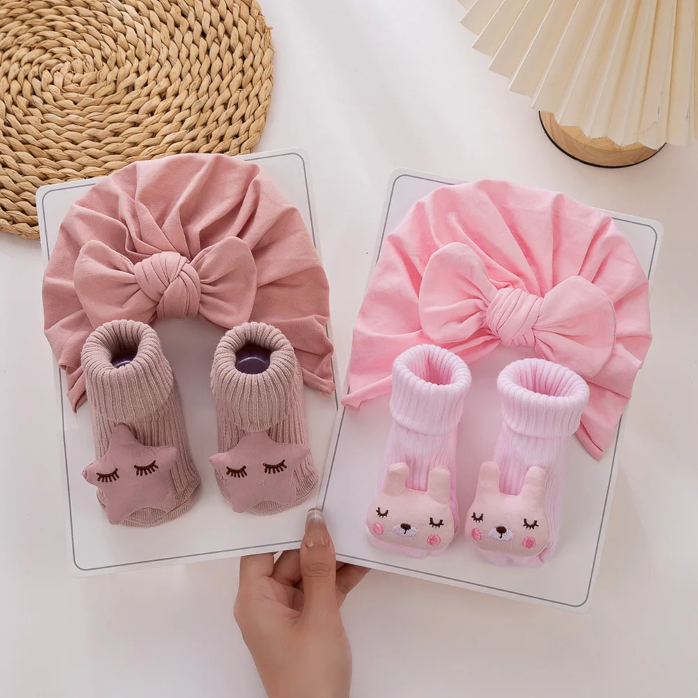 Boutique DIY Sweet Cartoon Baby Hat With Socks Set Baby Girls Turban Headband With Socks Bunny Bows Red Heart Socks Wholesale