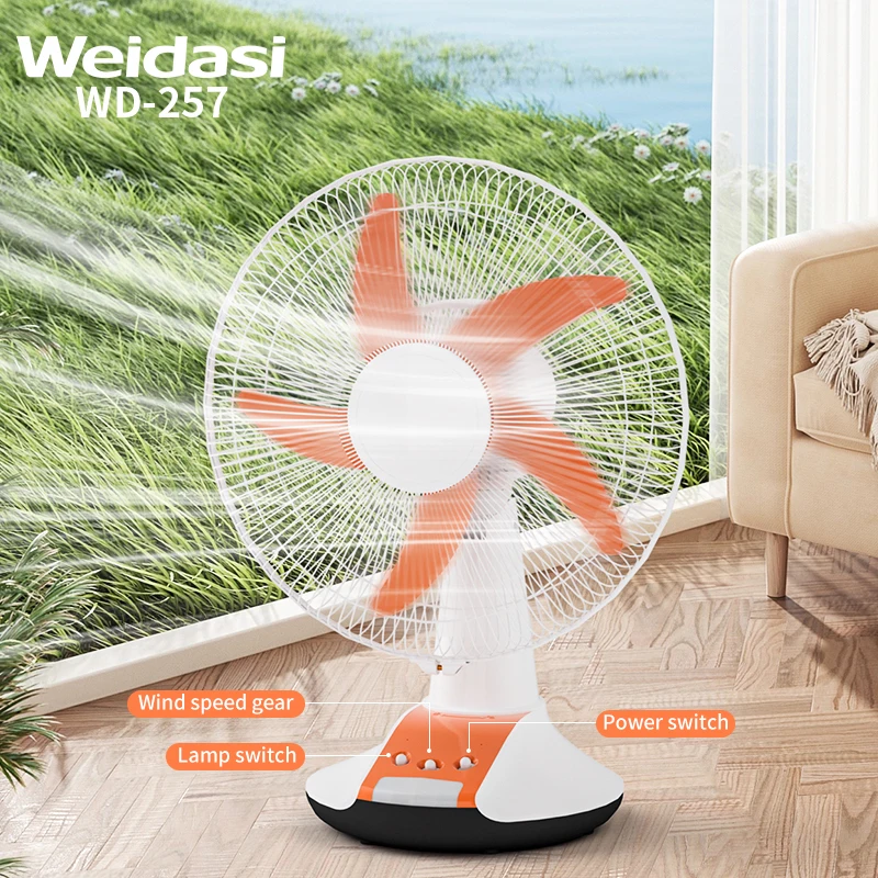 14 Inch 3-Speed 6V AC/DC Solar Desk Fan Rechargeable Plastic Table Fan LED Light Hotels Garages Mechanical Control 3 Wind Speeds