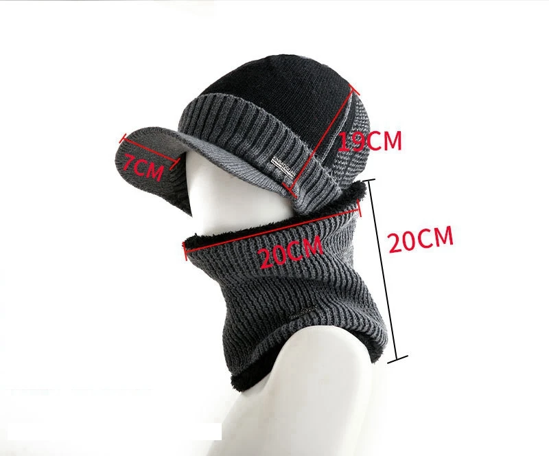 Men winter knit Cap with Brim Plus Velvet Inside Warm Windproof hat double color matching fashion scarf hat set For teenage