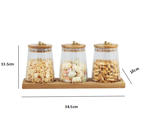 kitchen storage jar set of 3pcs glass spice candy jar canister food storage jar with bamboo lid on bamboo tray