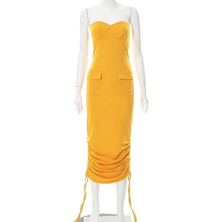 New Arrivals Tube Sleeveless Drawstring Pockets Slim Midi Length Dresses For Winter