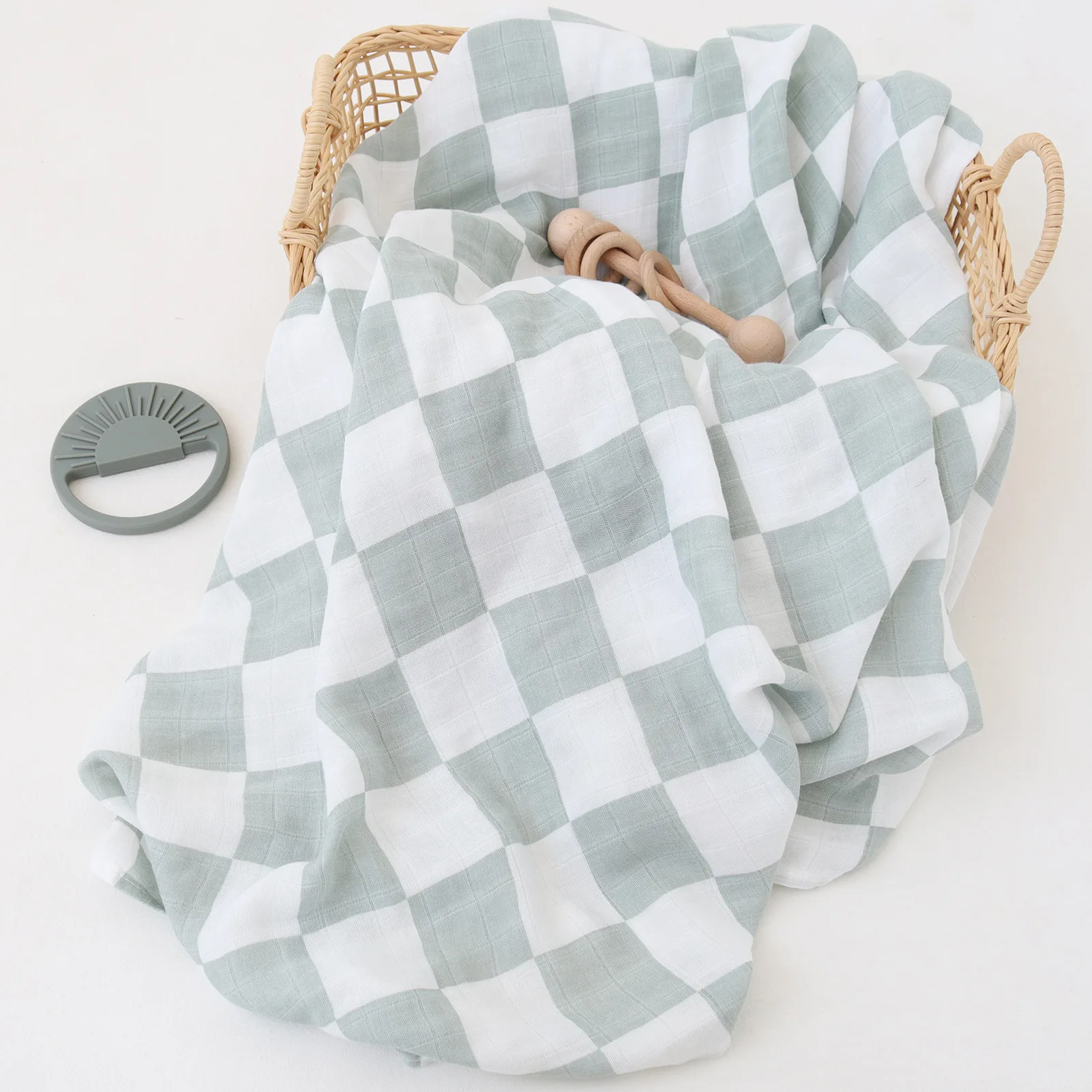 2023 New Custom 2 Layers For Newborn Baby Green Checker Bamboo Cotton Baby Muslin Swaddle Blanket Warp Headband Beaine Set