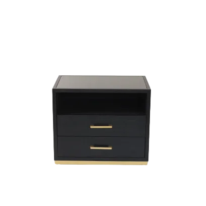 Golden Arts factory home furniture bedroom modern glass top ball grain black PU leather two drawer bedside table nightstand