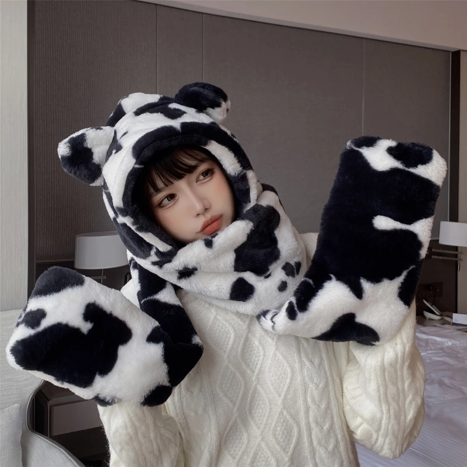 New Arrival Cozy Soft Plush Cow Pattern Windproof Bear Ear Beanie Scarf for Women Fashion Warm Winter Hat Scarf Set with Gloves