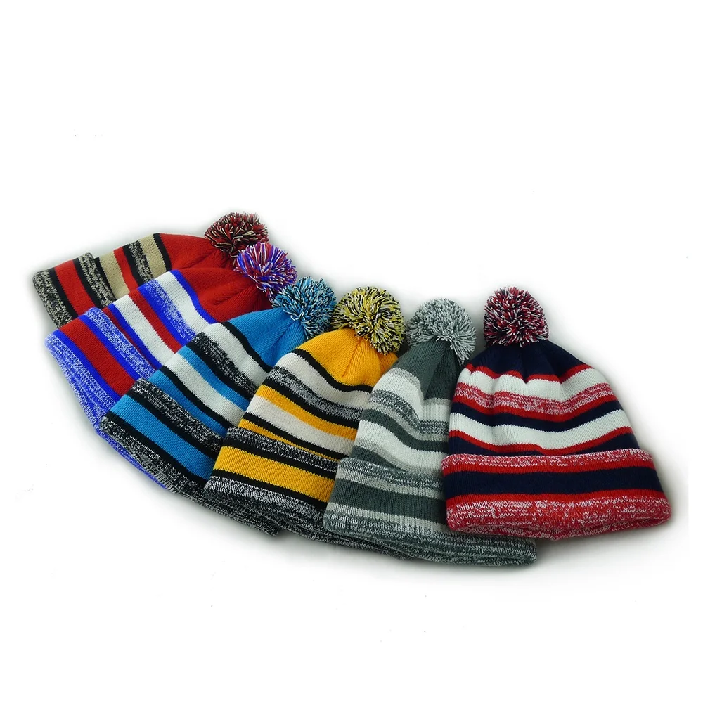
High quality classic winter knit cuff hats custom toque tuque pom pom beanie acrylic ski hats with variegated stripes unisex  (1737939719)