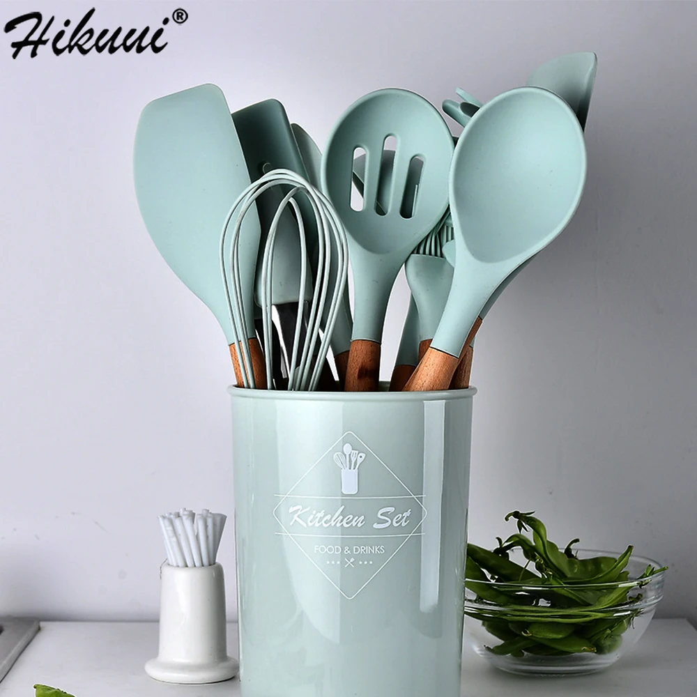 Dropshipping Best 9 Colors Silicone Wooden Handle Spoon Turner Whisk  Kitchen Cooking Utensils Set