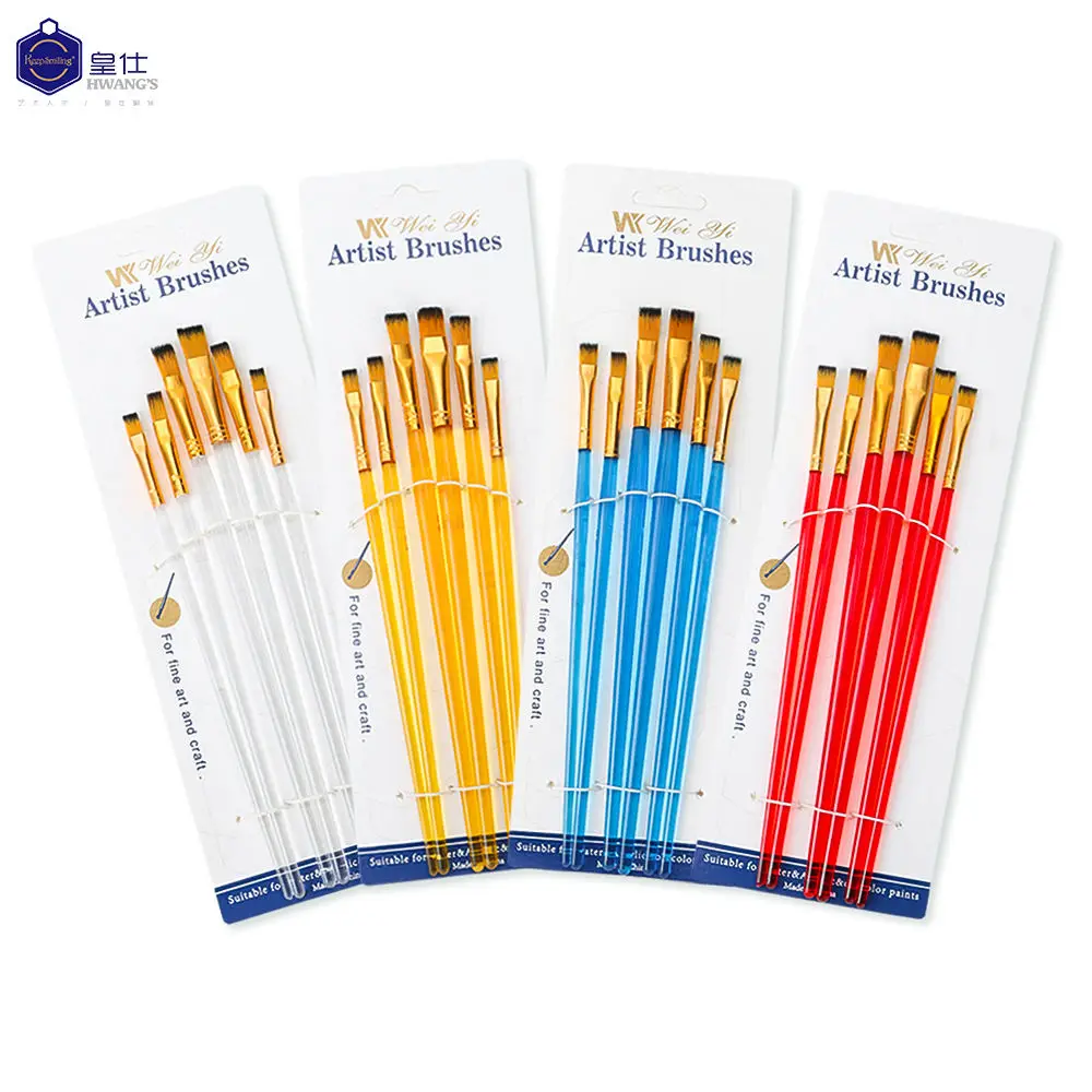 Keep Smiling 6pcs Flat Head Student DIY Nylon Graffiti Painting Brush with Plastic Handle For Painting