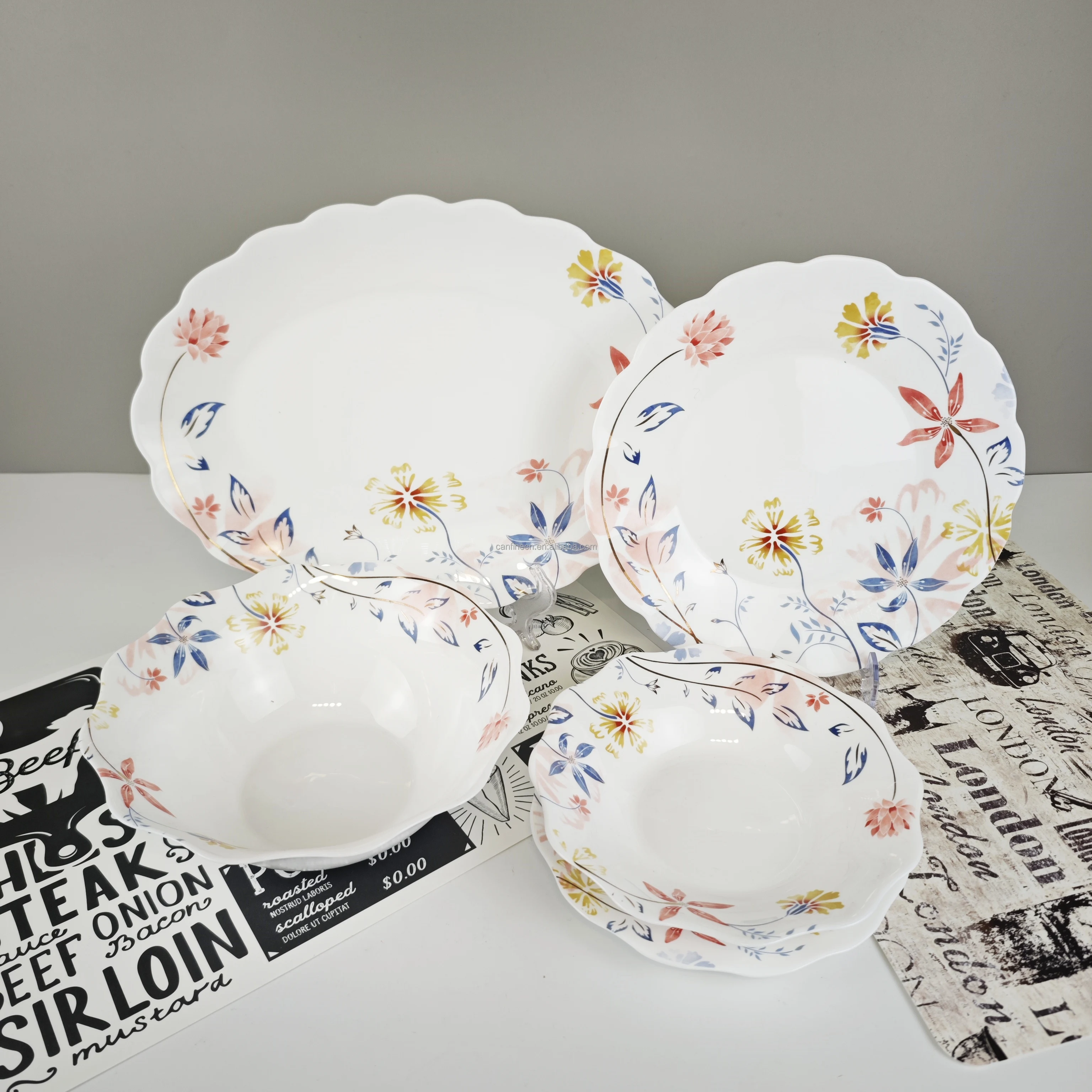 Opal Glass Dinnerware Set 16pcs with Decal Wholesale High Quality Porcelain Dishes And Plates