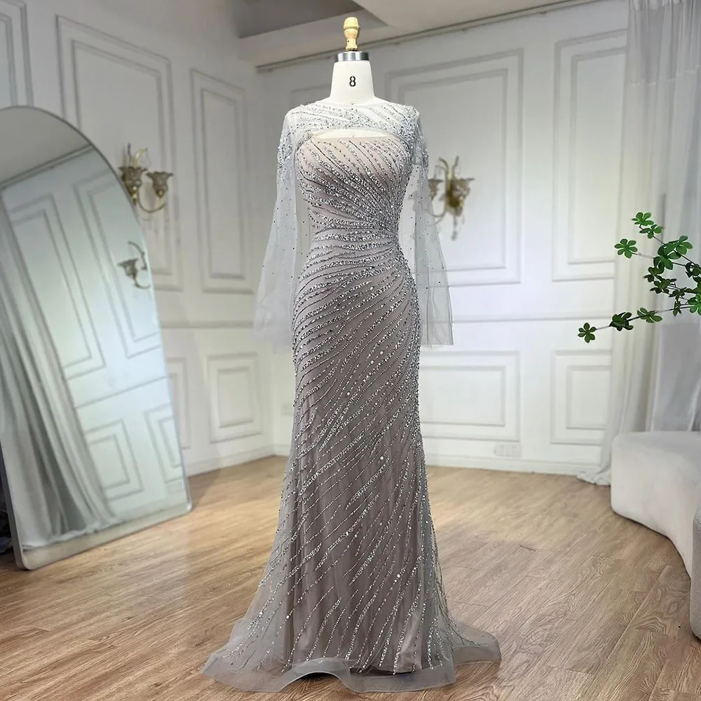 Serene Hill 2024 Sliver Nude  With Cloak Beaded  Evening Dresses Gowns Mermaid  LA71380 Customized