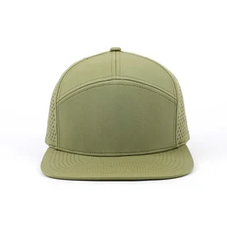 Oem Cheap Custom 5 Panel Men Blank Green Polyester Quick Dry Laser Cut Hat Breathable Perforated Hole Hat Flat Brim Snapback Cap