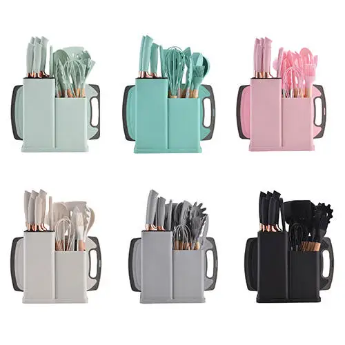 Amazon Hot Sale Kitchenware 19 Pieces Silicone Kitchen Utensil Set With Knife Set Chopping Board Holder