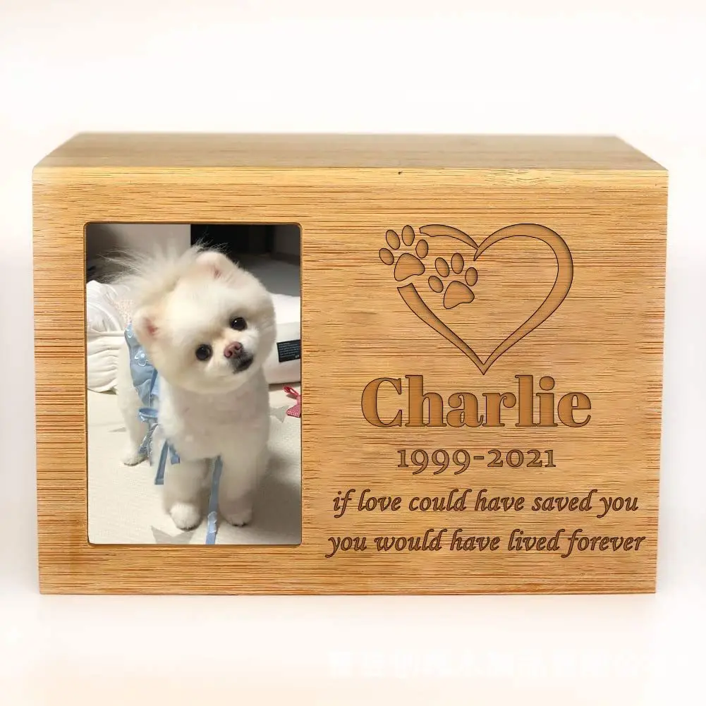 Wooden Pet Cat Dog Urn Coffin Box Nan Bamboo Wood with Picture Frame Animal Funeral Items Brown Pet Caskets & Urns Wooden Paw