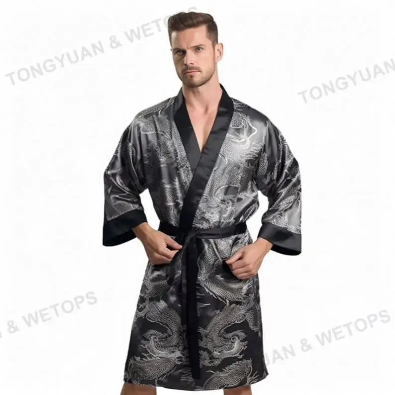 Mens Dragon Print Long Sleeve Satin Kimono Belted Robe Sleepwear With Shorts