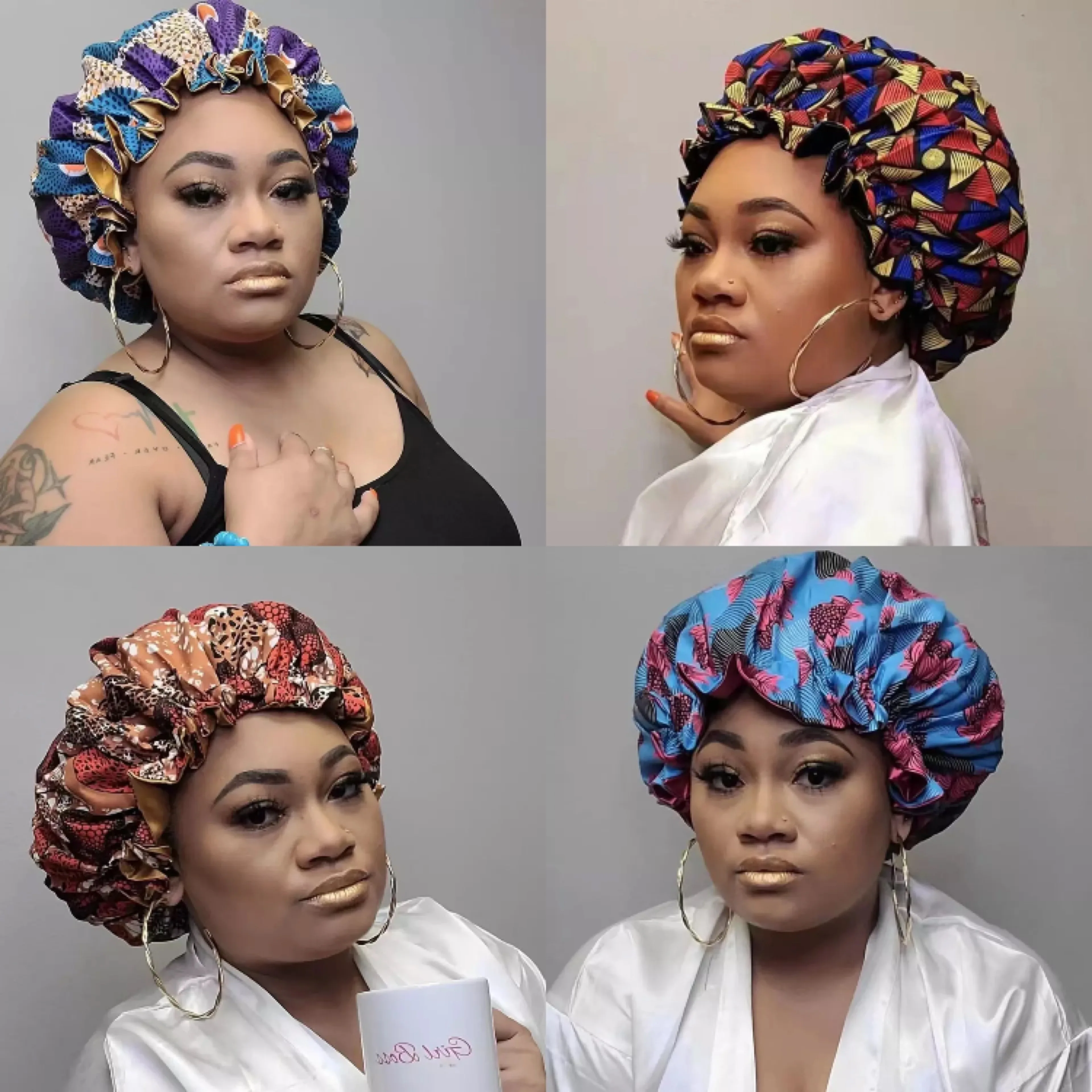 Fashion African Style Ankara Pattern Bonnet Set Daily And Night Wear Sleep Caps Colorful satin silk Hair Bonnet