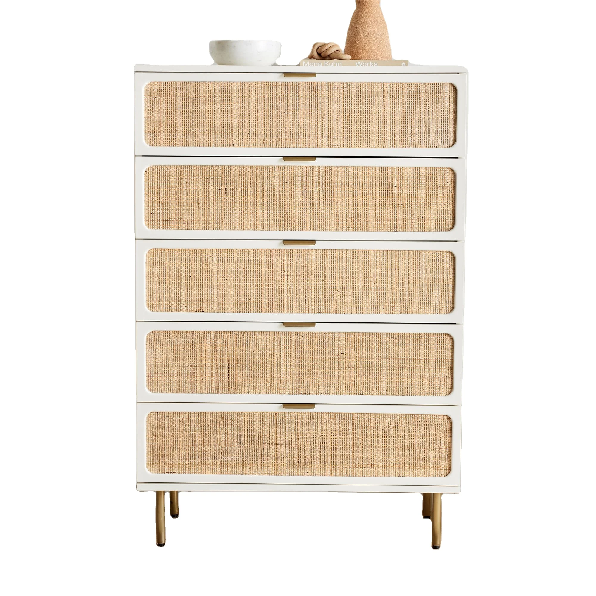 Contemporary Living Room White Chest of Drawer Rattan Cabinet with 5 Drawer